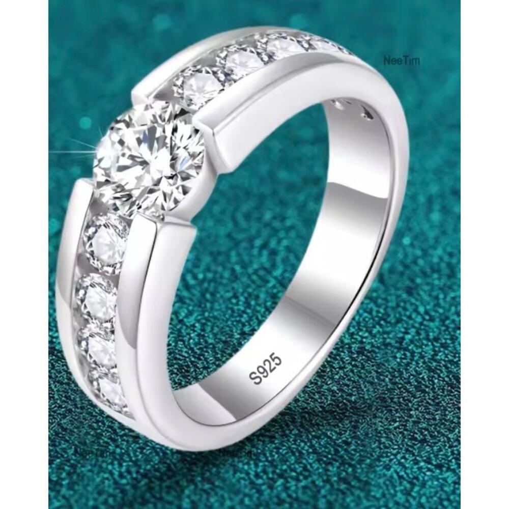 Mens 6.5mm 1ct Round Moissanite Wedding Ring 925 Sterling Silver Band Size 8